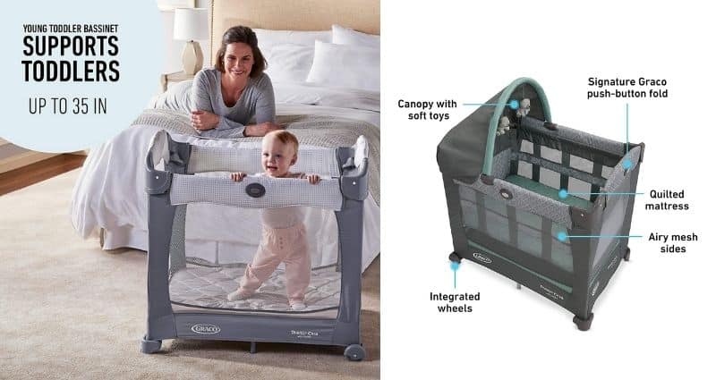 Graco Travel Lite Crib with 3 Growing Stages and Basinet, Manor 3- PORTABLE INFANT SLEEPER